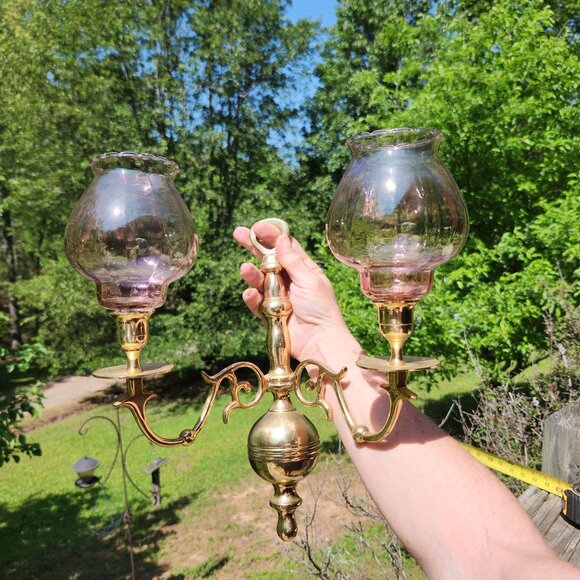 Vintage Brass Double Arm Wall Sconce With Iridescent Cranberry Glass votives